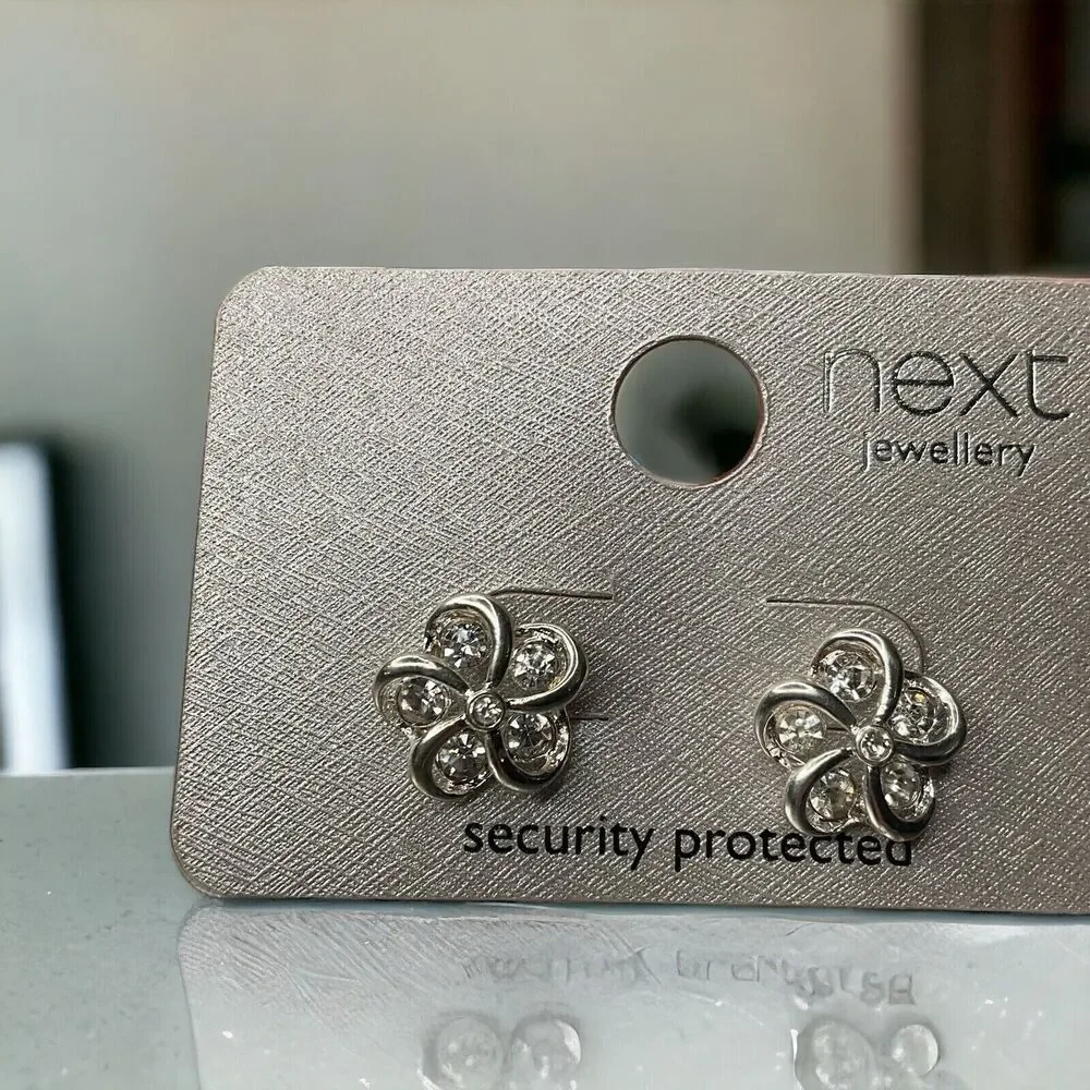 New with tags‎ Next Silver Clear Diamante Stud Flowers Earrings Women Small